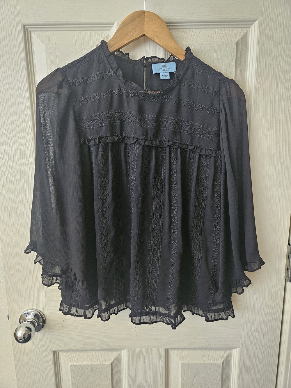 CeCe Black Ruffled Eyelet Blouse - Sheer Long Sleeve Top